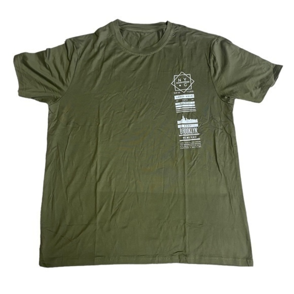 NWOT - Men’s Summer New York Print Creative Casual Teeshirt (Olive Green / Med)
